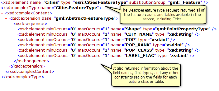 Feature classes, tables, and field information returned by the DescribeFeatureType operation Feature classes, tables, and field information returned by the DescribeFeatureType operation